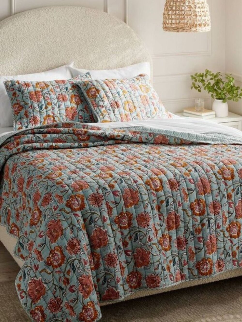 NWT Full/Queen Earthy Vines Cotton Voile Quilt Teal Blue/Mustard/Pink